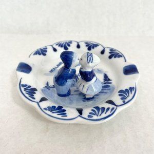 Holland Delft Blue Handpainted Mini Boy and Girl Kissing Trinket Dish
